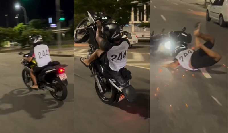 'amostradinho' leva a pior ao cair de moto após manobra perigosa