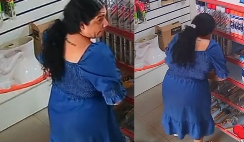 mulher esconde rolo de cabo flexível entre as pernas durante furto