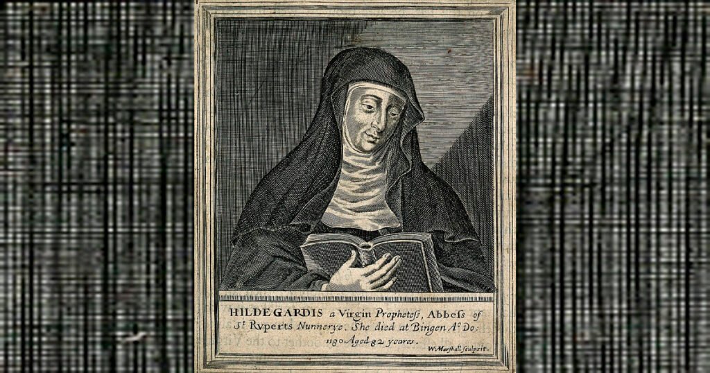 Ilustração retrata uma mulher vestindo um hábito de freira, deixando à mostra apenas seu rosto e sua mão. Ela segura um livro aberto, que parece estar lendo. A legenda, em inglês, diz que o retrato é de Hildegarda, uma profetisa virgem, abadessa do Convento de São Ruperto. Diz também que ela morreu em Bingen, aos 82 anos.