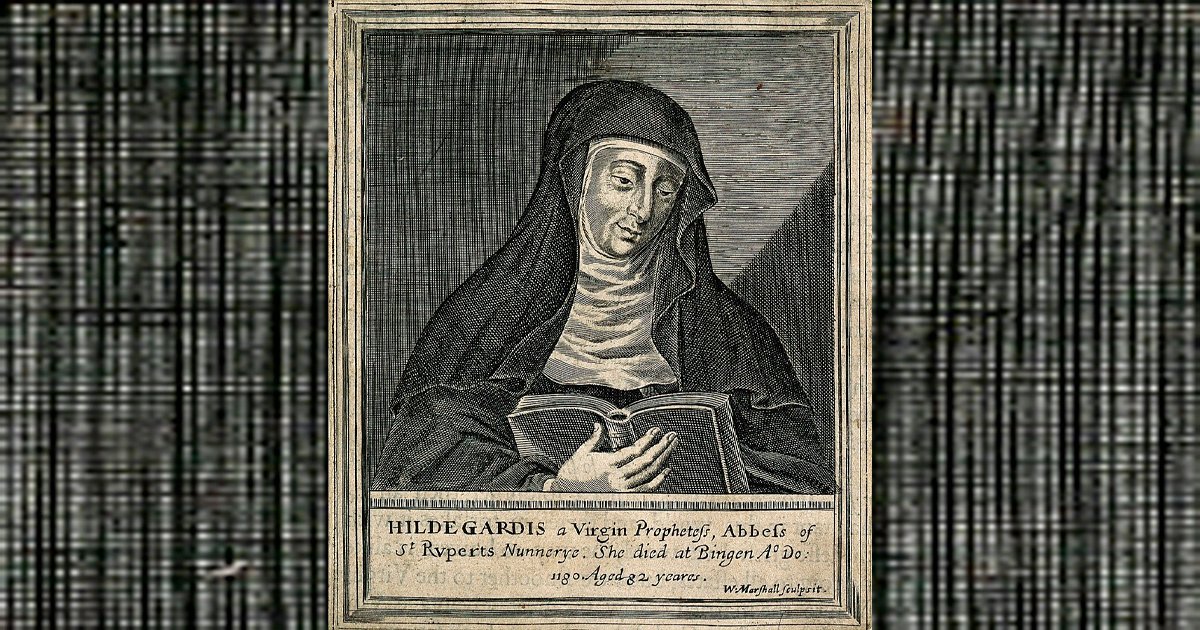 Ilustração retrata uma mulher vestindo um hábito de freira, deixando à mostra apenas seu rosto e sua mão. Ela segura um livro aberto, que parece estar lendo. A legenda, em inglês, diz que o retrato é de Hildegarda, uma profetisa virgem, abadessa do Convento de São Ruperto. Diz também que ela morreu em Bingen, aos 82 anos.
