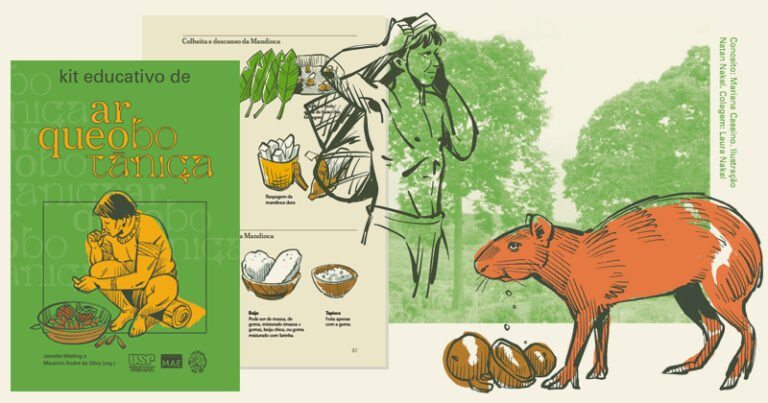 Montagem de capa e página de um livro e ilustrações com indígenas, animais e plantas