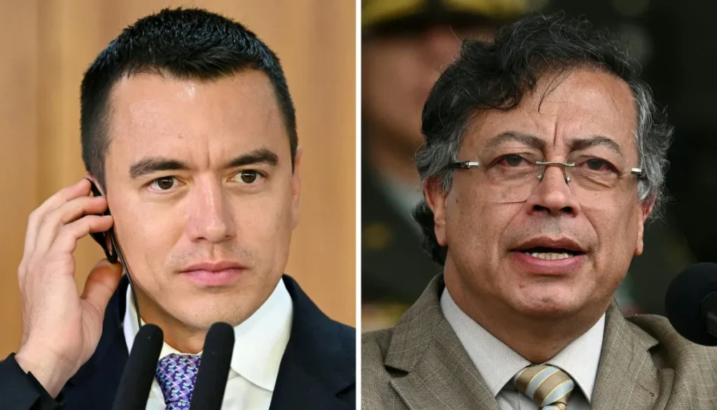 O presidente do Equador, Daniel Noboa (à esquerda) e o e o presidente da Colômbia, Gustavo Petro (à direita).