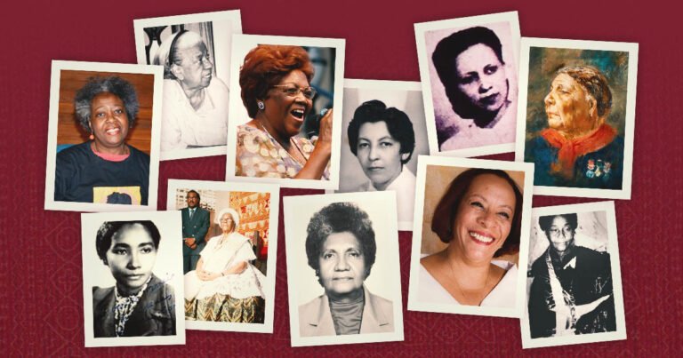 Colagem de fotos com borda branca de 11 enfermeiras negras em fundo vermelho.