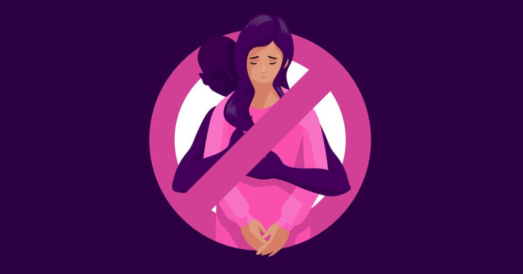 Fotomontagem que mostra a ilustração de uma mulher inserida numa placa de trânsito que traz o sinal convencional de proibido, ou seja, uma barra em diagonal na cor vermelha que nesse caso atravessa a figura da mulher