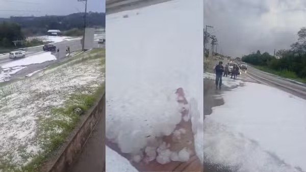 Granizo cobre estrada, para trânsito e causa danos em casa em SP