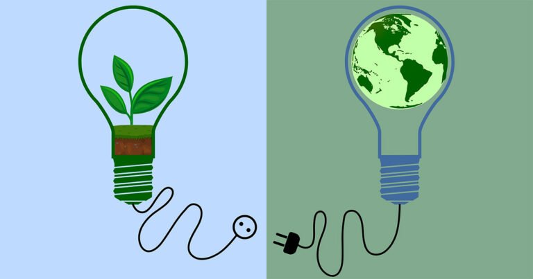 Ilustração dividida em duas partes: à esquerda, uma lâmpada com uma planta verde brotando dentro, com raízes visíveis na terra; à direita, uma lâmpada contendo o planeta Terra. Ambas estão conectadas por fios, sugerindo relação entre energia, natureza e sustentabilidade.