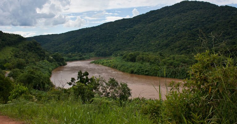 Rio caudaloso de cor amarronzada correndo em meio a um vale verde e montanhas cobertas por densa floresta.
