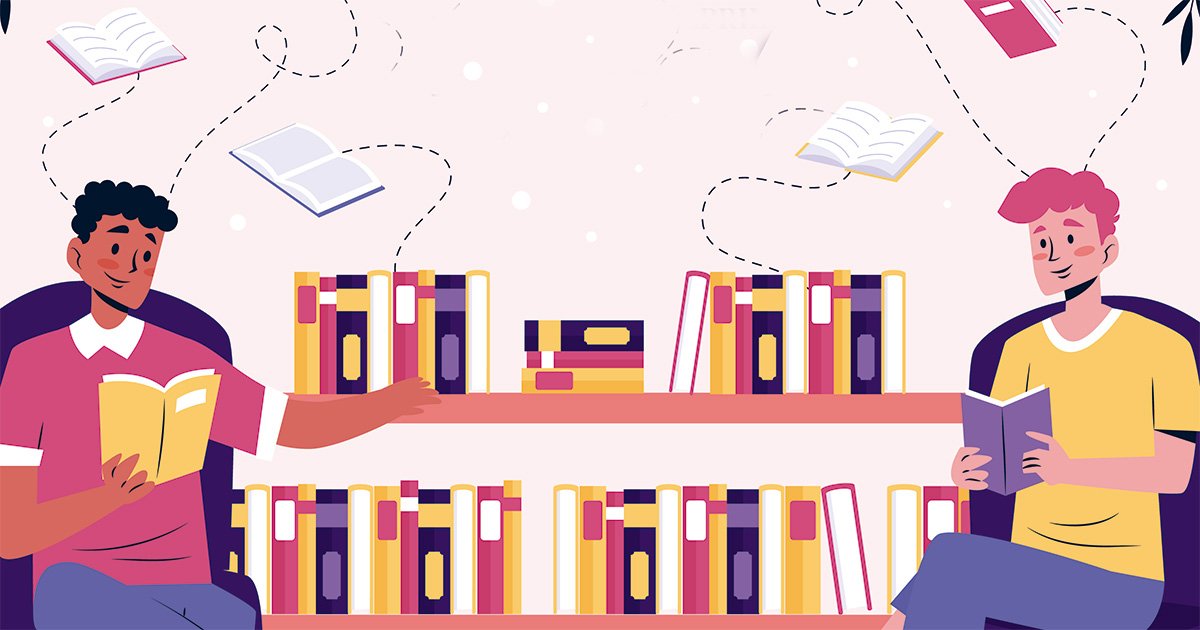 Ilustração de dois homens jovens, um branco e um negro, lendo livros. Eles estão sentados em poltronas dispostas dos dois lados de uma estante de livros.