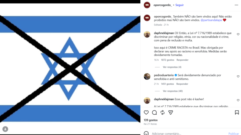 Restaurante no RJ é multado por declaração contra cidadãos de Israel