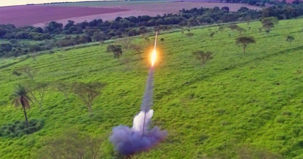 Área aberta com gramado e árvores ao fundo e no centro um foguete em lançamento com fumaça e fogo saindo da sua base