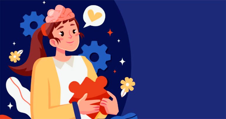 Ilustração de uma jovem segurando algo como um caderno enquanto se expressa por um balão cujo conteúdo é um coração. Ao seu lado também flutuam flores