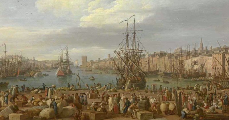 Pintura de um porto com pessoas em terra e barcos no mar