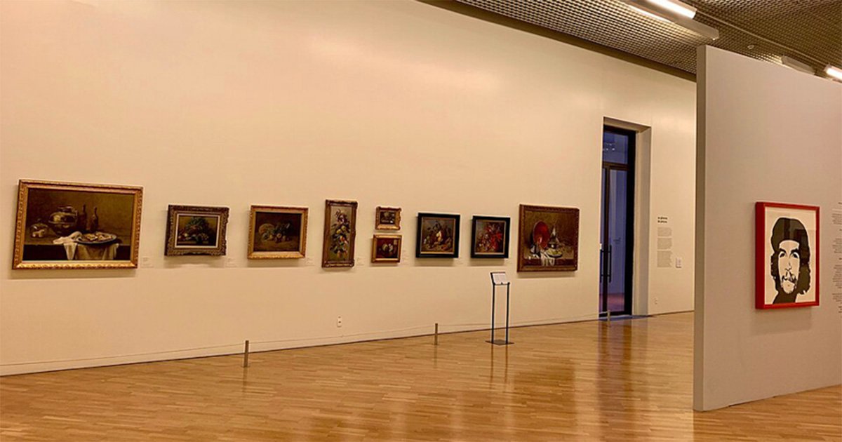 Imagem mostra uma sala de exposições da Pinacoteca de São Paulo, com vários quadros pendurados na parede