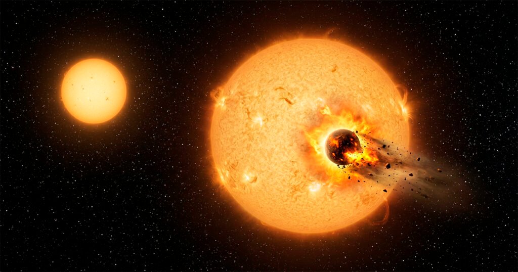 Imagem de sistema binário, par de duas estrelas, no qual a que se encontra em primeiro plano está absorvendo um planeta que orbitava ao seu redor, tendo ao fundo um céu estrelado