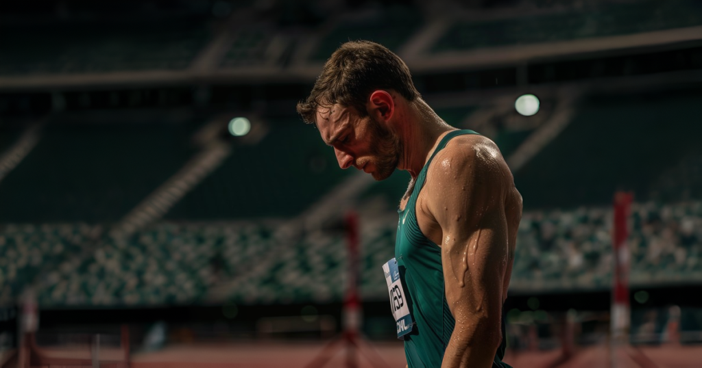 atleta em uma pista de atletismo. Ele aparece em primeiro plano, usando uniforme verde, com o corpo suado e a cabeça inclinada para baixo, demonstrando cansaço ou esforço após uma prova