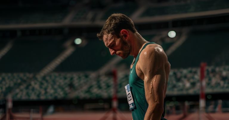 atleta em uma pista de atletismo. Ele aparece em primeiro plano, usando uniforme verde, com o corpo suado e a cabeça inclinada para baixo, demonstrando cansaço ou esforço após uma prova