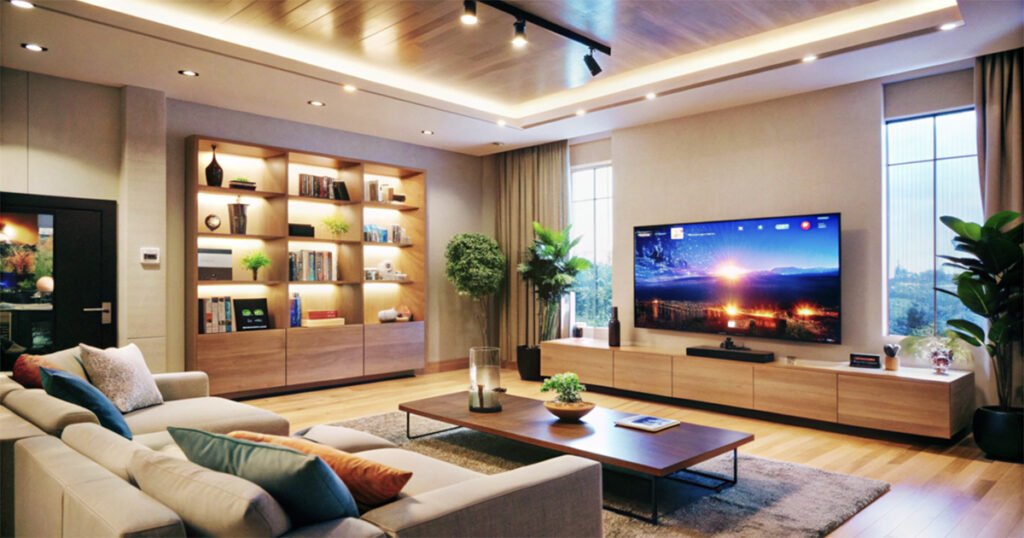 imagem é uma fotografia de uma sala de estar ampla com sofá, tapete, mesa de centro, um rack com televisão ligada, uma estante com livros e objetos de decoração e luminárias no teto com as luzes ligadas, além de duas janelas de vidro com cortinas