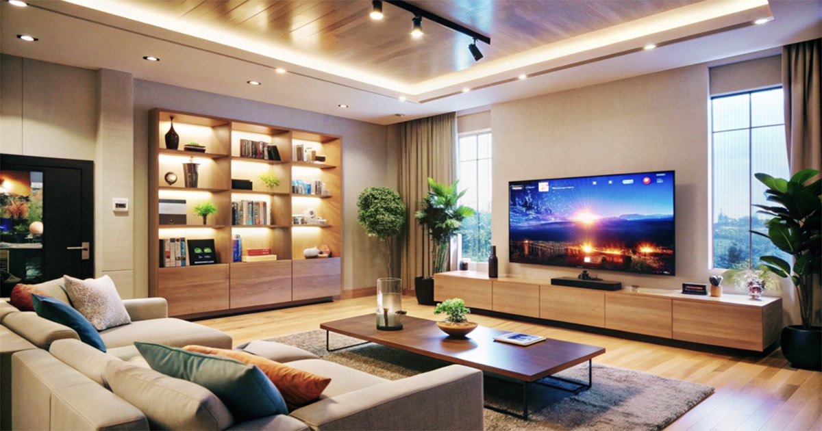 imagem é uma fotografia de uma sala de estar ampla com sofá, tapete, mesa de centro, um rack com televisão ligada, uma estante com livros e objetos de decoração e luminárias no teto com as luzes ligadas, além de duas janelas de vidro com cortinas