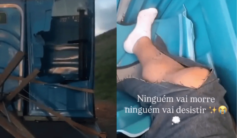 motoboy vai parar dentro de banheiro químico após bater em caminhão