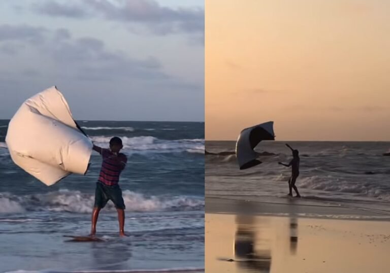 criança improvisa kitesurf com lona e “prancha” e encanta praticantes