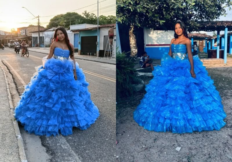 estudante cria vestido com quase 800 sacolas plásticas para desfile