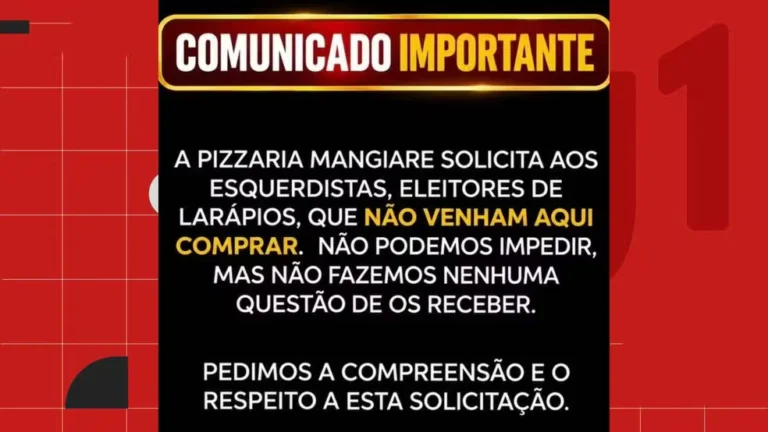 Pizzaria exclui eleitores de esquerda e é processada pelo MP