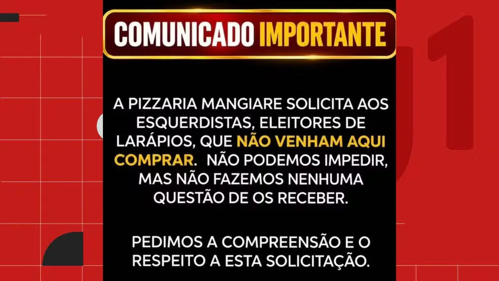 Pizzaria exclui eleitores de esquerda e é processada pelo MP
